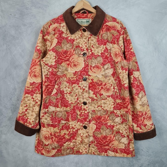 L.L. Bean Jackets & Blazers - LL Bean Jacket Womens Medium Red Floral Canvas Corduroy Collar Lined Barn Coat